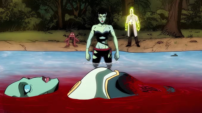 The Bride wading into a bloody lake to retrieve Nina's body as Weasel and Dr. Phosphorous stand on the shore