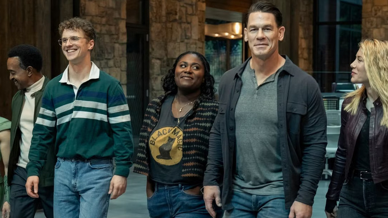 Peacemaker and his associates (L to R: Agent Fleury, Vigilante, Leota, and Agent Harcourt) surveying their newly appointed Checkmate headquarters