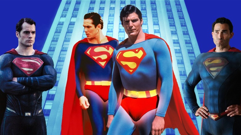 Composite image of Superman with and without red trunks 