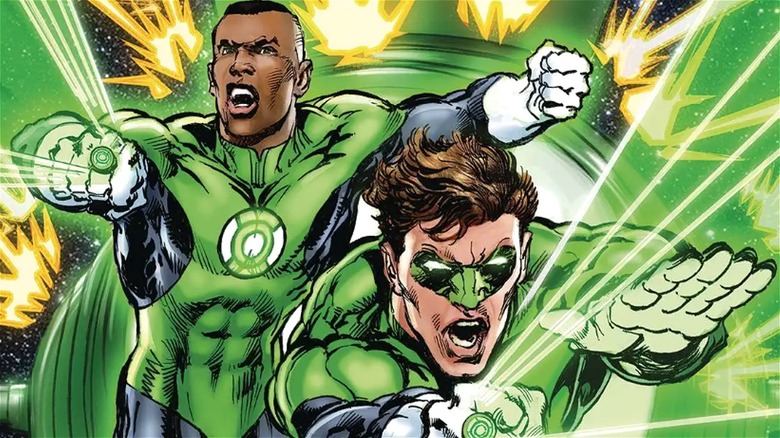 John Stewart and Hal Jordan wielding power rings 