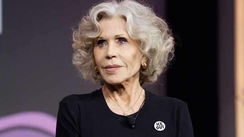 Jane Fonda onstage during the 