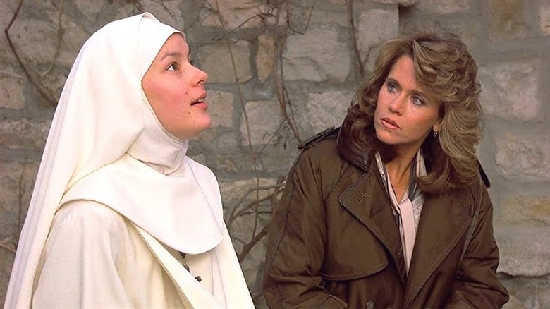 Jane Fonda chats with a nun