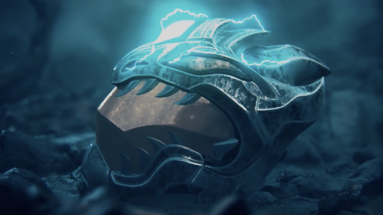 White Dragon helmet emitting blue bolts