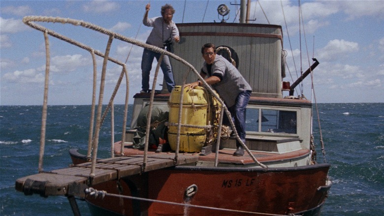 Brody and Hooper looking for shark on boat