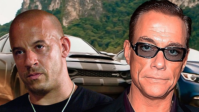Vin Diesel and Jean-Claude Van Damme in front of cars