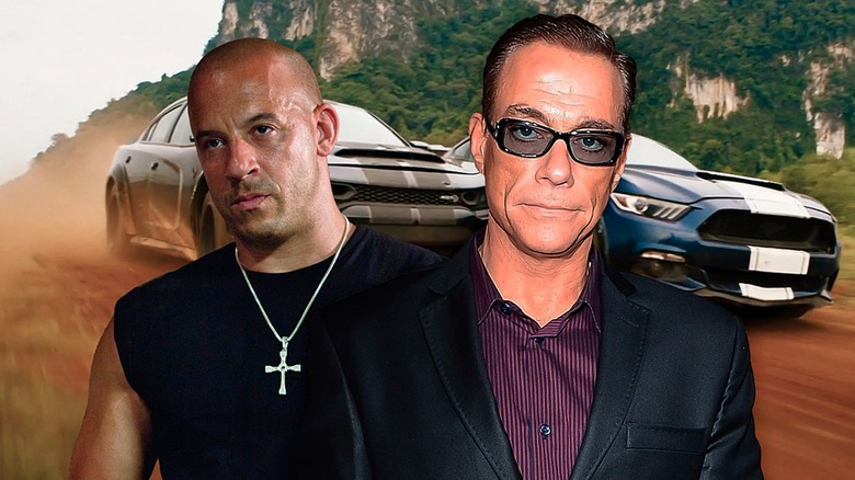 Vin Diesel and Jean-Claude Van Damme in front of cars