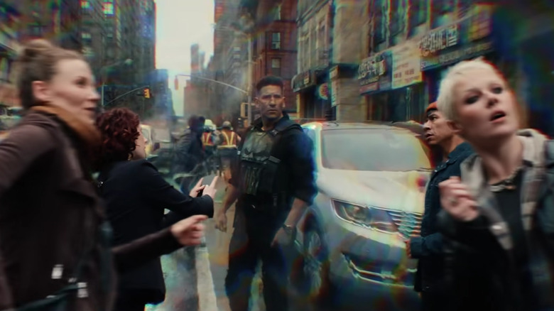 The Punisher looking at frozen people through a force field in Spider-Man: Brand New Day