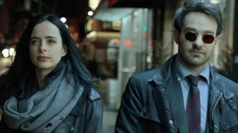 Jessica Jones and Matt Murdock walking side by side down a New York City street