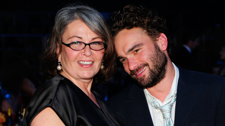 Roseanne Barr and Johnny Galecki in formal attire