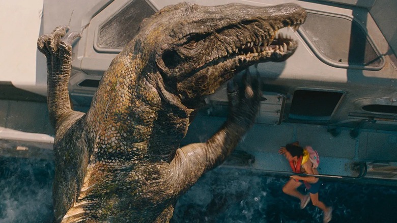 A Spinosaurus attacks Teresa in "Jurassic World Rebirth" (2025)