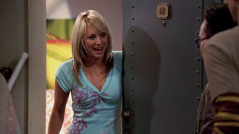 Penny greeting Leonard and Sheldon on The Big Bang Theory