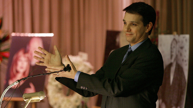Macchio speaking at a memorial service for Morita