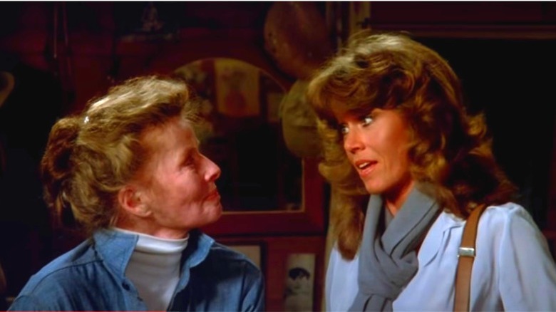 Katharine Hepburn and Jane Fonda look at each other