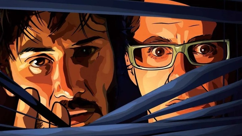 James and Bob peering through some blinds in A Scanner Darkly
