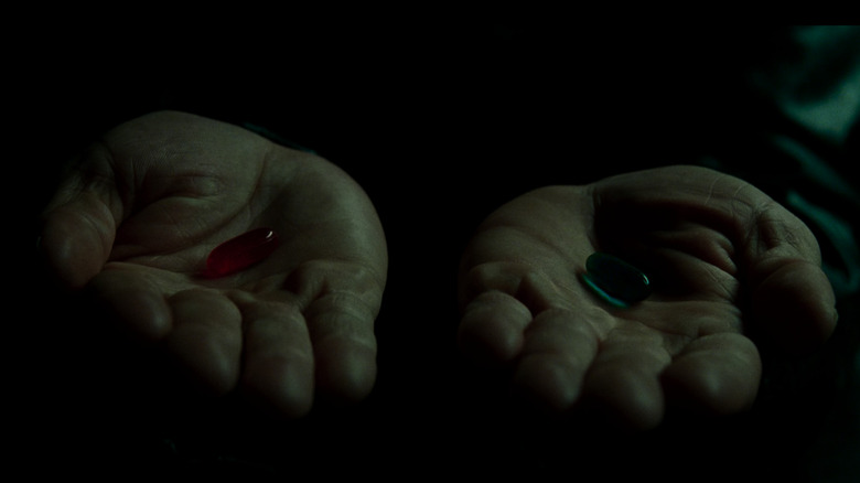 Morpheus hands showing red or blue pill