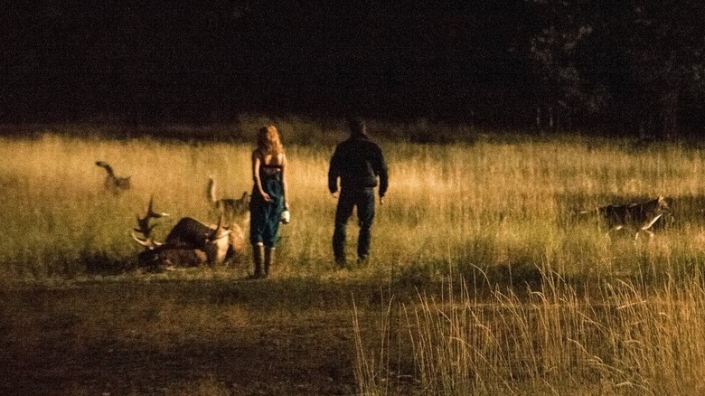 Beth and Rip with the wolves in "Yellowstone"