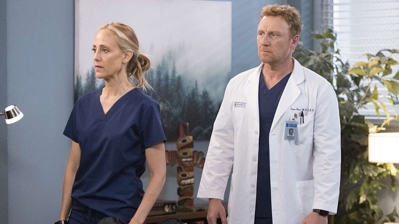 Teddy and Owen looking alarmed on Grey's Anatomy