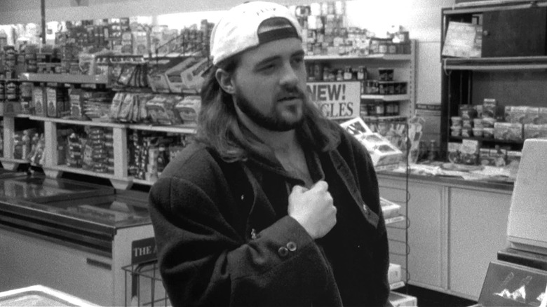 Silent Bob clutching his shirt in Clerks