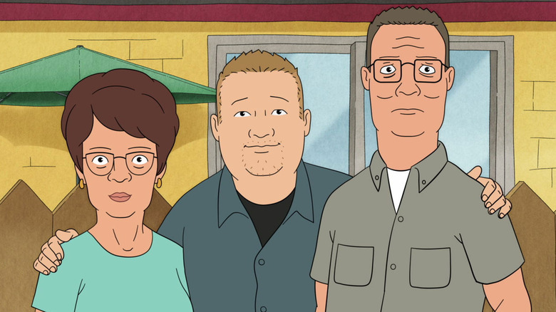 The Hill family pose in their yard in "King of the Hill"
