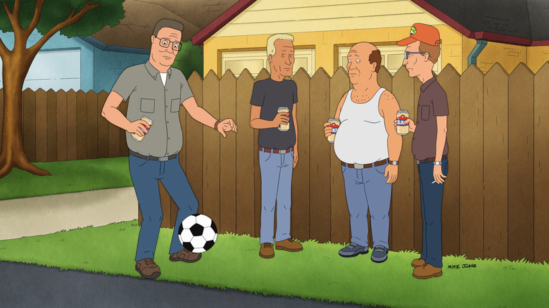 Boomhauer, Bill, and Dale standing in the alley while Hank plays with a soccer ball (2025)