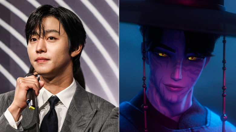 Ahn Hyo-seop speaking into microphone next to demon Jinu smiling in KPop Demon Hunters