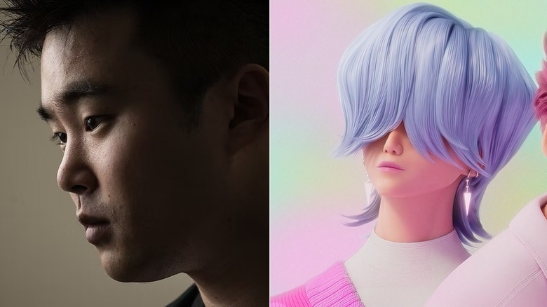 Alan Lee looking to the side next to Mystery Saja staring in KPop Demon Hunters