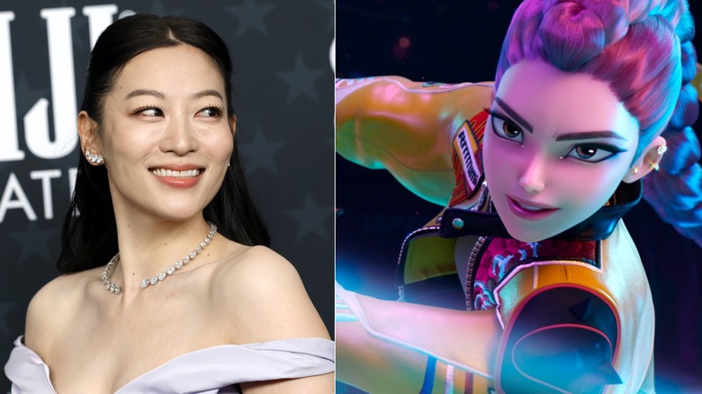 Arden Cho smiling next to Rumi fighting in KPop Demon Hunters