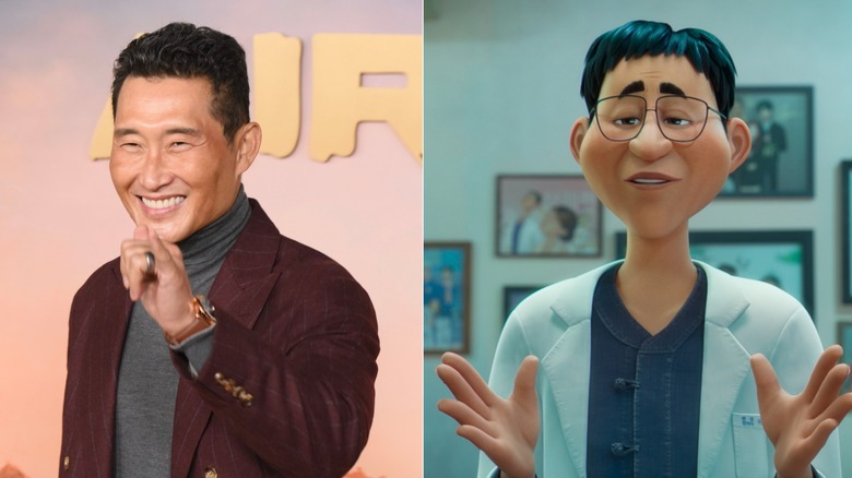 Daniel Dae Kim grinning and making hand gesture next to Healer Han calmly speaking in KPop Demon Hunters