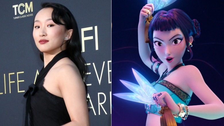 Ji-young Yoo looking down next to Zoey holding weapons in KPop Demon Hunters