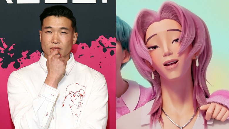 Joel Kim Booster giving perplexed expression next to Romance Saja smiling in KPop Demon Hunters
