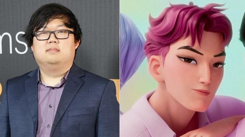 SungWon Cho stands on the red carpet next to Abby Saja smirking in KPop Demon Hunters