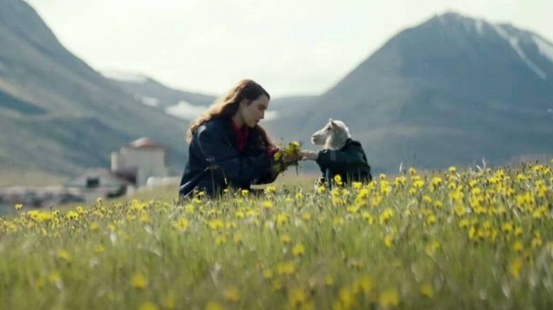 Lamb and Maria sit in field of flowers