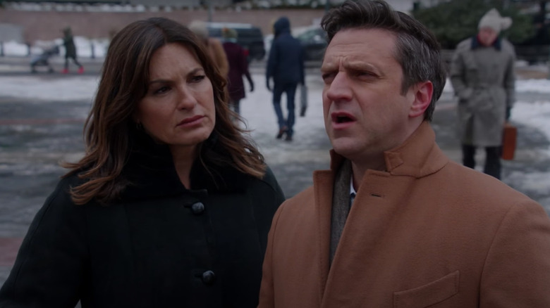Raúl Esparza and Mariska Hargitay standing outside