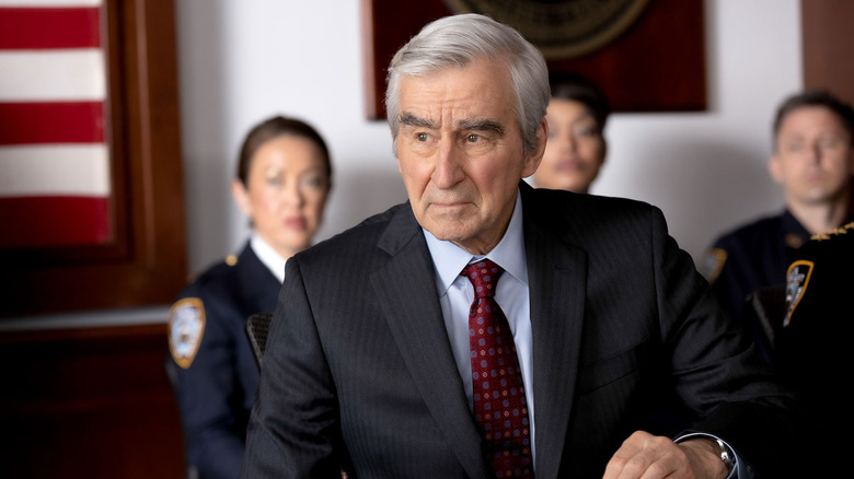 Jack McCoy sits in a courtroom in "Law & Order"