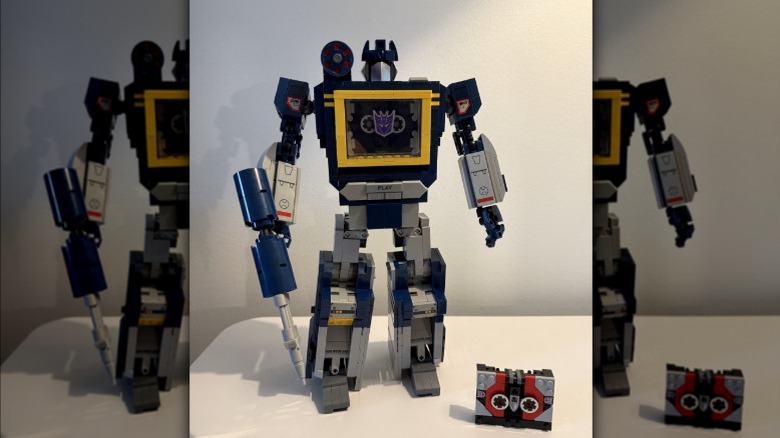 LEGO Soundwave standing up with cassette tape