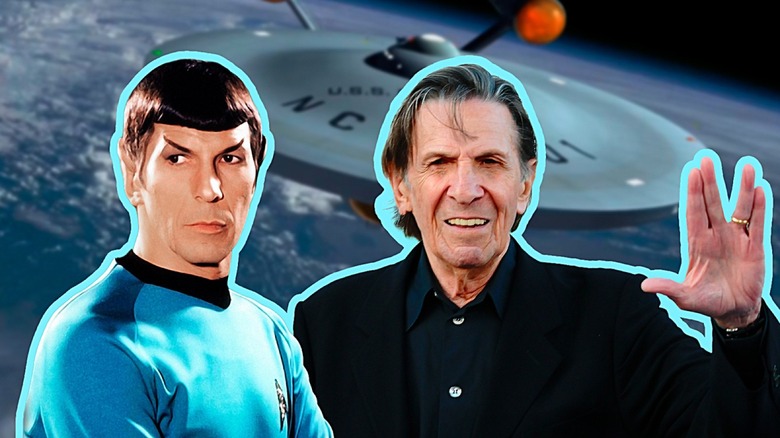 Spock and Nimoy in front of Enterprise