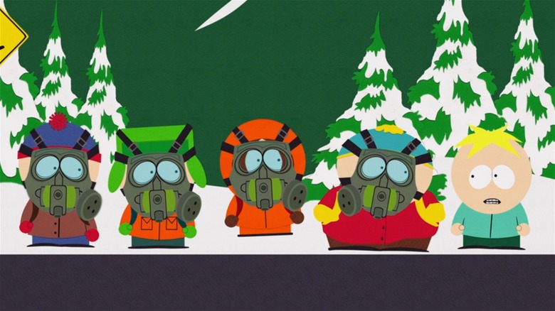 The South Park boys wearing gas masks 