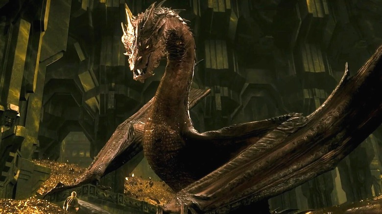 Smaug faces Bilbo on a pile of gold