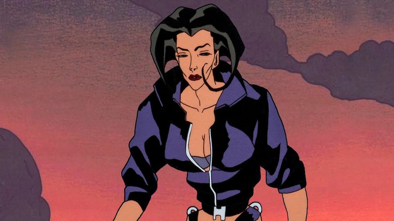 Æon Flux standing in front of clouds in "Æon Flux"
