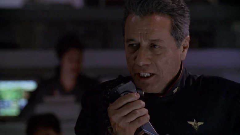 Captain William Adama sending an announcement throughout the ship in "Battlestar Galactica"