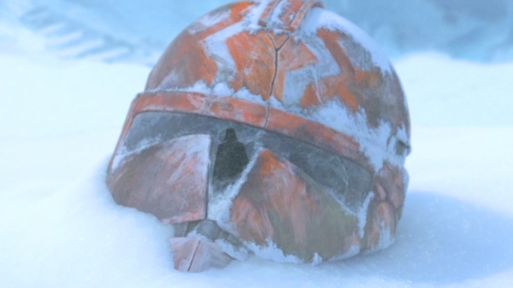 An abandoned clone trooper helmet from the final episode of The Clone Wars