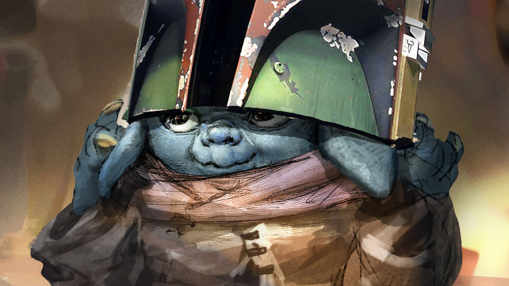 Grogu wears a Mandalorian helmet