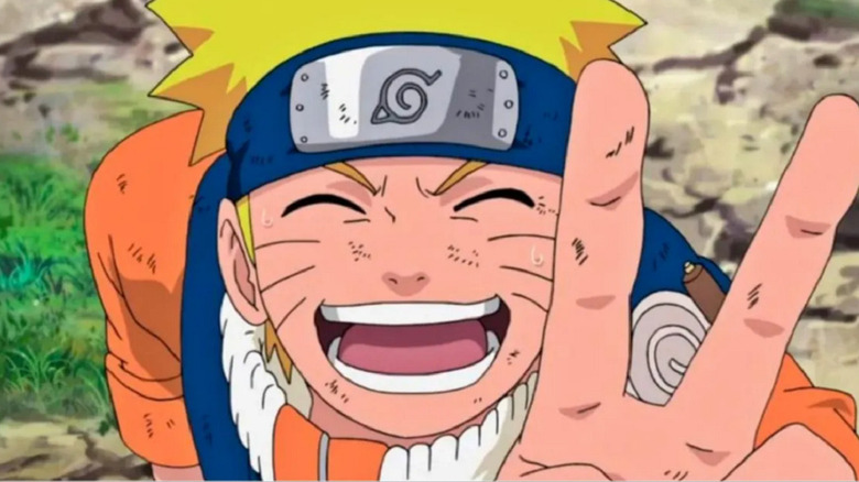 Naruto smiling and making the peace sign
