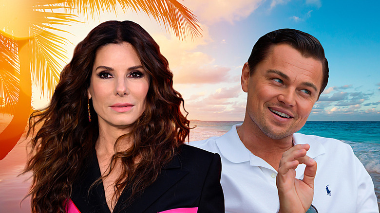 Sandra Bullock and Leonardo DiCaprio with beach background