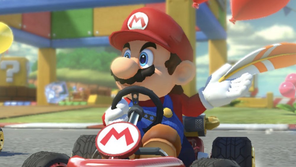 Mario at the finish line in Mario Kart 8 Deluxe