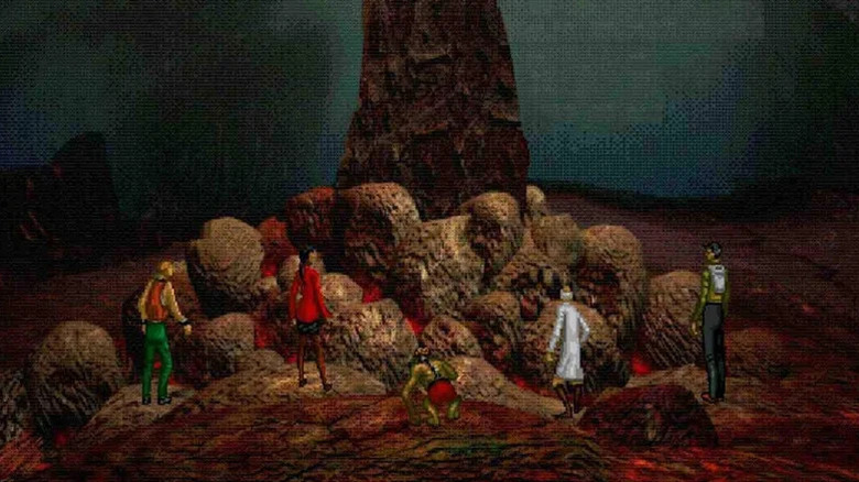 Gorrister, Ellen, Benny, Nimok, and Ted looking at a stone pillar in I Have No Mouth, and I Must Scream