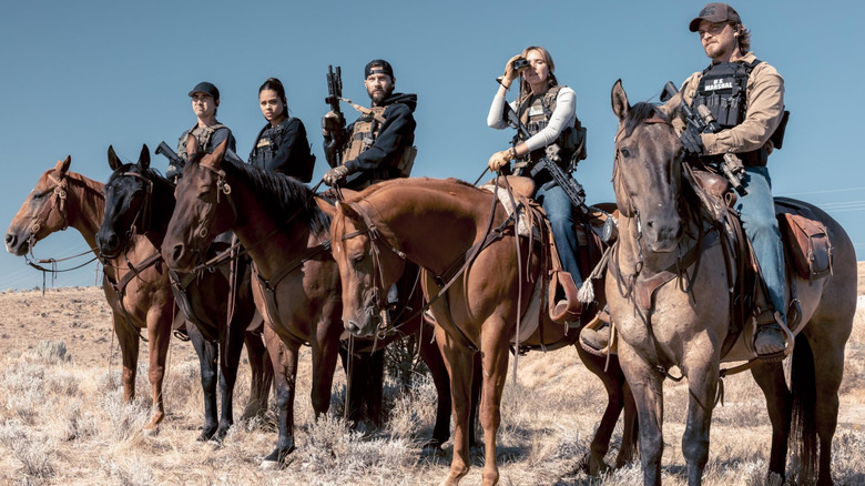 Miles, Andrea, Pete, Belle, and Kayce sitting on horseback on Marshals