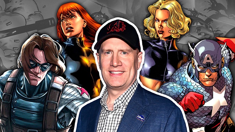 Kevin Feige surrounded by Marvel characters