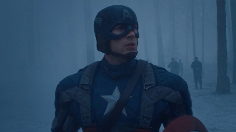 Captain America standing in a foggy forest in "Captain America: The First Avenger" (2011)