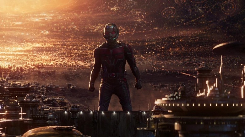 Ant-Man towering over a Quantum Realm city in "Ant-Man and the Wasp: Quantumania" (2023)